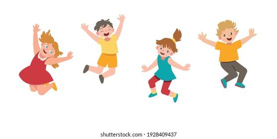 Happy kids jump isolated. Boy and girl play and smile