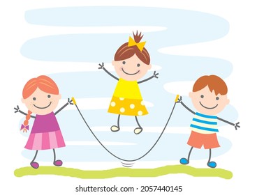 Happy kids and jump rope, vector illustration, blue background, two girls and one boy