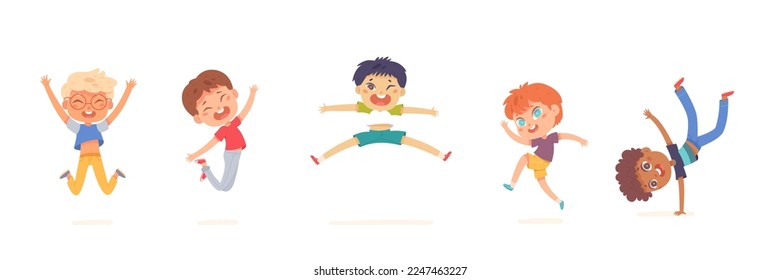 Happy kids jump set vector illustration. Cartoon isolated cute group of active children jumping, energetic different motions and expressions of funny boys, adorable carefree characters play.