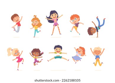 Happy kids jump set vector illustration. Cartoon isolated cute group of active children jumping, energetic different motions and expressions of funny boys and girls, adorable carefree characters play