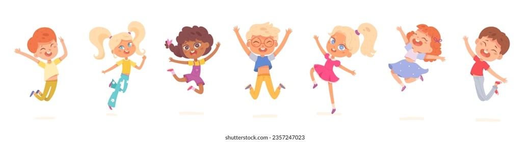 Happy kids jump set vector illustration. Cartoon isolated cute group of active children jumping, energetic different motions and expressions of funny boys and girls, adorable carefree characters play.