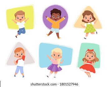 Happy kids jumping. Action childrens in different poses sitting playing joyful running cute male and female characters vector boys and girls