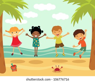 Happy kids jumping at the beach