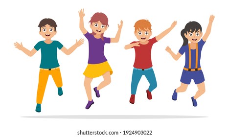 Happy kids jumping, boys and girls have fun, characters in cartoon style. Vector illustration