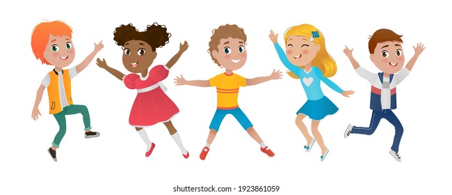 Happy kids jumping. Cute boys and girls isolated vector illustration on white background.