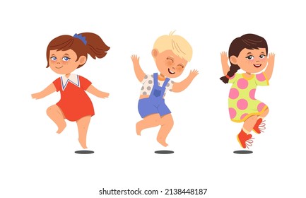 Happy kids jumping and dancing set. Energetic boys and girls in motion cartoon vector illustration