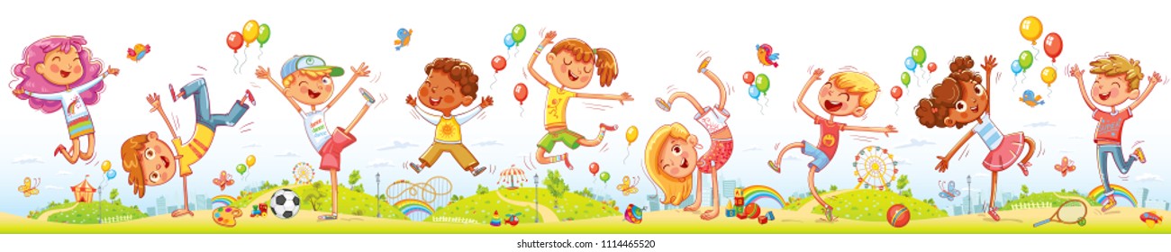 Happy kids jumping and dancing together on the background of amusement park. Seamless children's panorama for your design. Template for advertising brochure or web site. Funny cartoon character.