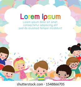 Happy kids jumping and dancing together on the background, Template for advertising brochure or web site. posters. Isolated vector illustration Funny cartoon character 