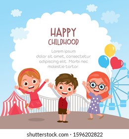 Happy kids jumping and dancing together on the background of amusement park. Funny cartoon character. Greeting cards or posters design. Concept of children's friendship.
