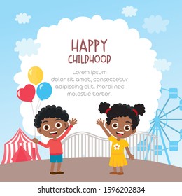 Happy kids jumping and dancing together on the background of amusement park. Funny cartoon character. Greeting cards or posters design. Concept of children's friendship.