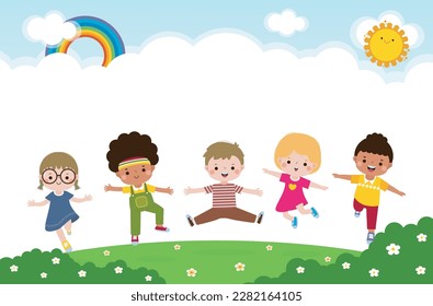 Happy kids jumping and dancing together on the park, Multicultural little children playing in playground Template for advertising brochure,your text, flat Funny cartoon isolated vector Illustration