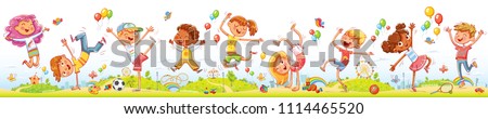 Happy kids jumping and dancing together on the background of amusement park. Seamless children's panorama for your design. Template for advertising brochure or web site. Funny cartoon character.