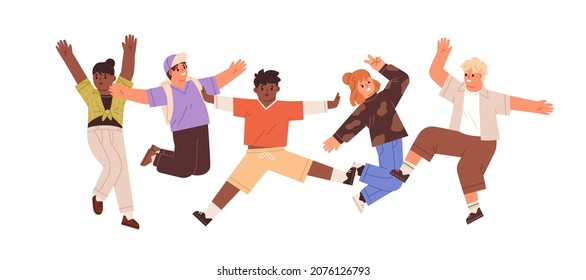 Happy kids jumping with fun and joy. Group of children rejoicing together. Active positive little boys and girls. Excited smiling friends. Flat vector illustration isolated on white background