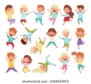 Happy Kids Jumping with Hands Raising Up Cheering and Rejoicing Big Vector Set