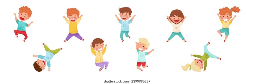 Happy Kids Jumping with Hands Raising Up Cheering and Rejoicing Vector Set