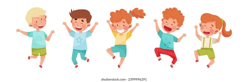 Happy Kids Jumping with Hands Raising Up Cheering and Rejoicing Vector Set