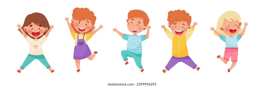 Happy Kids Jumping with Hands Raising Up Cheering and Rejoicing Vector Set