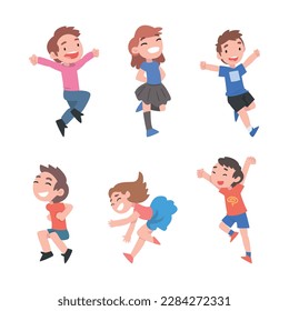 Happy Kids Jumping with Joy and Excitement Rejoicing and Cheering Vector Set