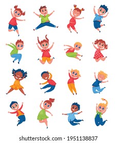 Happy kids jumping and laughing. Cheerful school girls and boys having fun, smiling. Joyful pre teen children jump cartoon vector set. Multicultural active female and male characters