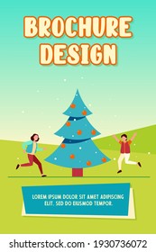 Happy kids jumping near Christmas tree. Children, evergreen, holiday flat vector illustration. Celebration and New Year Eve concept for banner, website design or landing web page