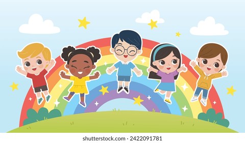 Happy Kids are jumping on the park and rainbow background. Children's activities.