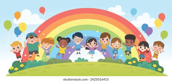 Happy Kids are jumping on the park and rainbow background. Children's activities.