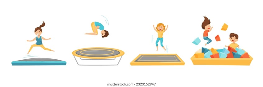 Happy Kids Jumping on Trampoline Bouncing and Having Fun Vector Set