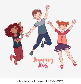 Happy kids jumping over white background. Happiness, childhood, and freedom concept