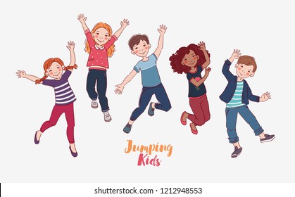 Happy kids jumping over white background. Happiness, childhood, and freedom concept 