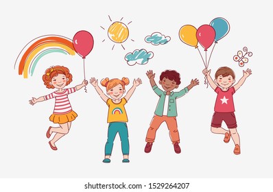 Happy kids jumping over white background. Happiness, childhood, and freedom concept 