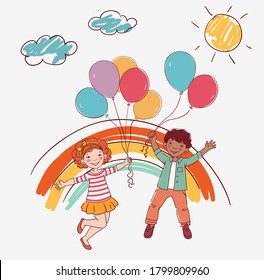 Happy kids jumping over white background. Happiness, childhood, and freedom concept 
