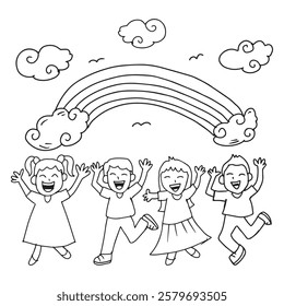 Happy kids jumping with rainbow and clouds. Black and white vector illustration.