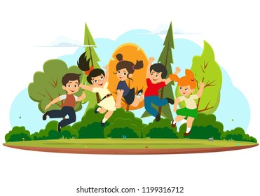 happy kids jumping and rejoicing isolated on white background.Concept of happiness, gladness and fun. Vector illustration for banner, poster, website, invitation.