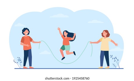 Happy kids jumping rope. Children having fun playing in park outdoors. Flat vector illustration. Childhood, outdoor activities, vacation concept for banner, website design or landing web page