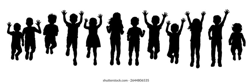 Happy kids jumping silhouette, active child jumping, cheerful kids playing
