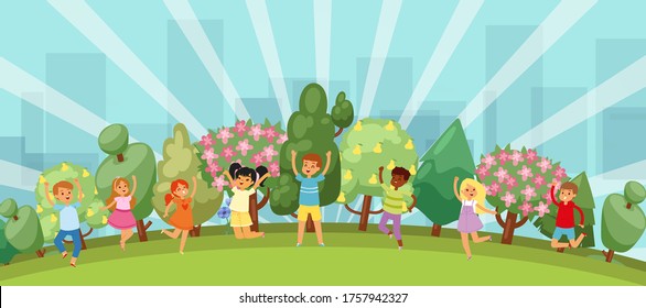 Happy kids jumping in summer park, funny boys cute girls, outdoor playground outside city, cartoon style vector illustration. Beautiful, blooming fruit trees, grass, children on colorful background.