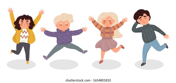 Happy kids jumping. Template for advertising brochure or web site. Funny cartoon character.