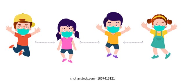 Happy Kids Jumping Together. Back To School, Kids Jumping Wearing Face Mask Protect Corona Virus Or Covid 19.