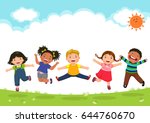 Happy kids jumping together during a sunny day