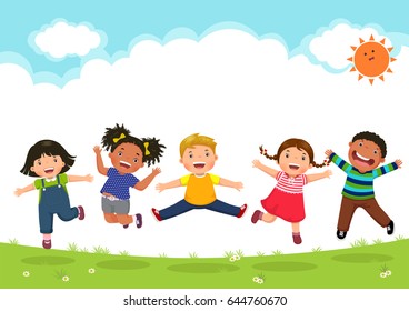 Happy kids jumping together during a sunny day