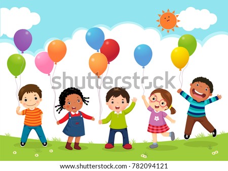 Happy kids jumping together and holding balloons