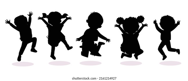 happy kids jumping together joyfully Silhouettes premium vector template