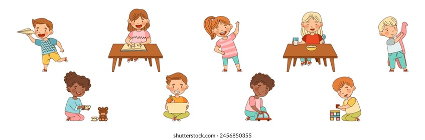 Happy Kids at Kindergarten Playing and Have Fun Vector Set