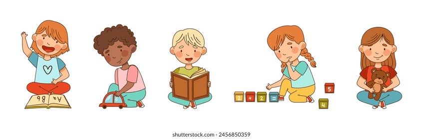 Happy Kids at Kindergarten Playing and Have Fun Vector Set