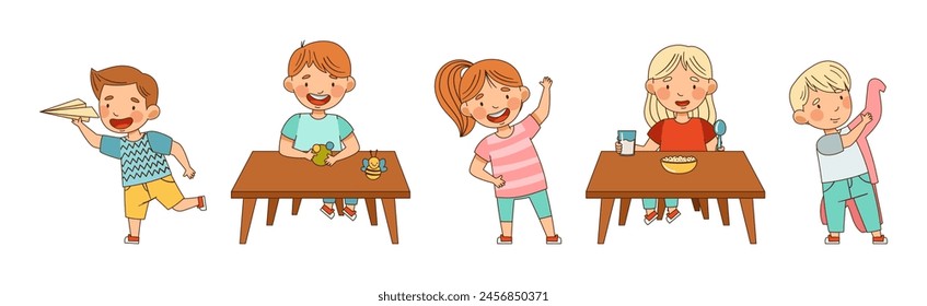 Happy Kids at Kindergarten Playing and Have Fun Vector Set