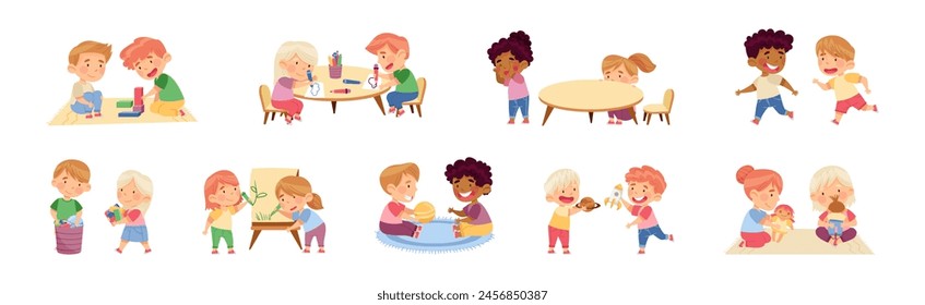 Happy Kids at Kindergarten Playing and Have Fun Vector Set