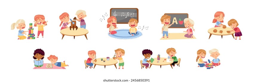 Happy Kids at Kindergarten Playing and Have Fun Vector Set