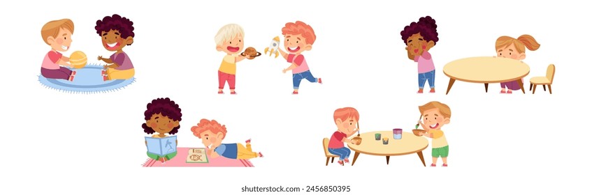Happy Kids at Kindergarten Playing and Have Fun Vector Set