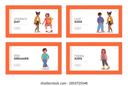 Happy Kids Landing Page Template Set. Smiling Multiracial Boys and Girls Toddlers Characters Wear Fashionable Clothes. Children Smile, Positive Emotions, Friendship. Cartoon People Vector Illustration