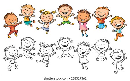 Happy kids laughing and jumping with joy, no gradients, isolated, both colored and black and white